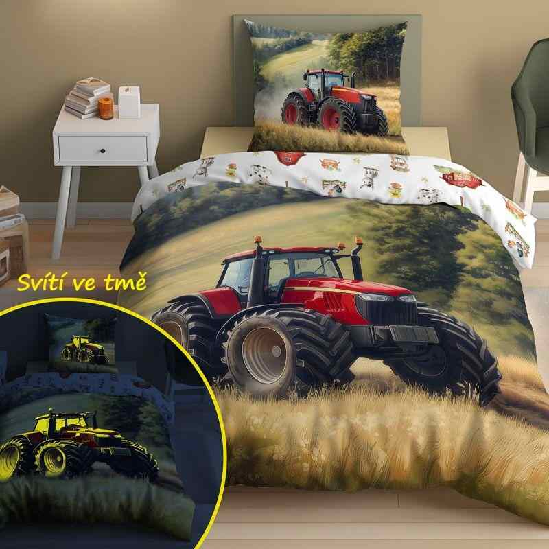 DETEXPOL Svietiace bavlnené obliečky Traktor z hôr – 140x200 cm