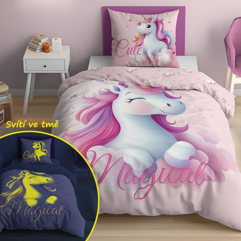 DETEXPOL Svietiace bavlnené obliečky Jednorožec Cute – 140x200 cm